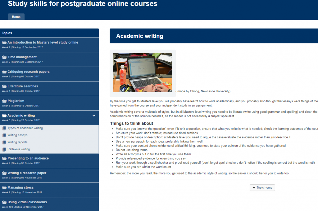 Screenshot from online course. The section shown covers pointers about academic writing. and gives a list of bullet points that students could think about when writing academically. This includes points about structure, acronyms and referencing.