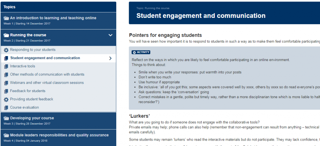 Screenshot of the module. The section that is shown is the Student engagement and communication section. This includes a description of an activity asking students to reflect on the ways in which they feel comfortable participating in an online environments.