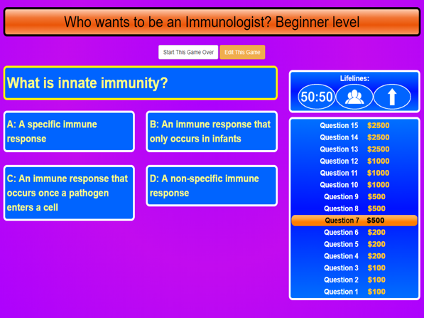 An example of the Who wants to be a millionaire interface with the question What is innate immunity?