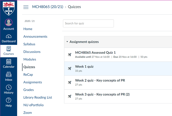 Shows Quizzes section in Canvas. There are 4 quizzes shown with points ranging from 27 points to 50 points