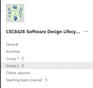 Microsfot Teams set up for this module. Includes 2 private channels called Group q and Group 2