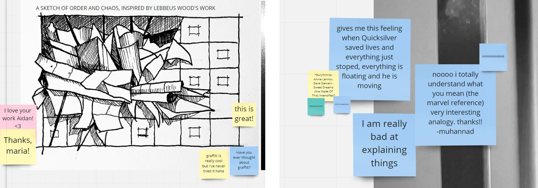 Screenshot of students leaving notes to each other. Some suggesting new avenues of practice, or examples from popular culture dealing with the same themes.