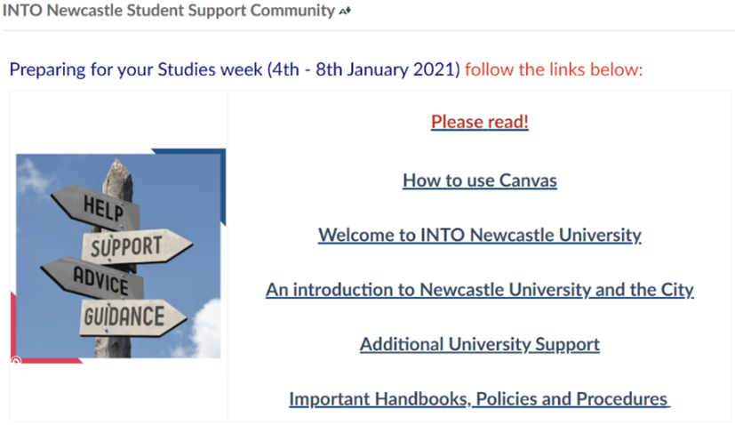 Screenshot of Canvas page with clear signpost links to key information