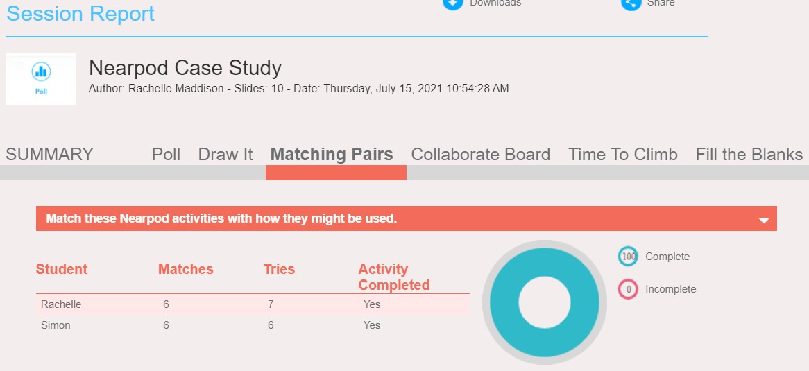 An example of a report showing 100% complete for matching pairs