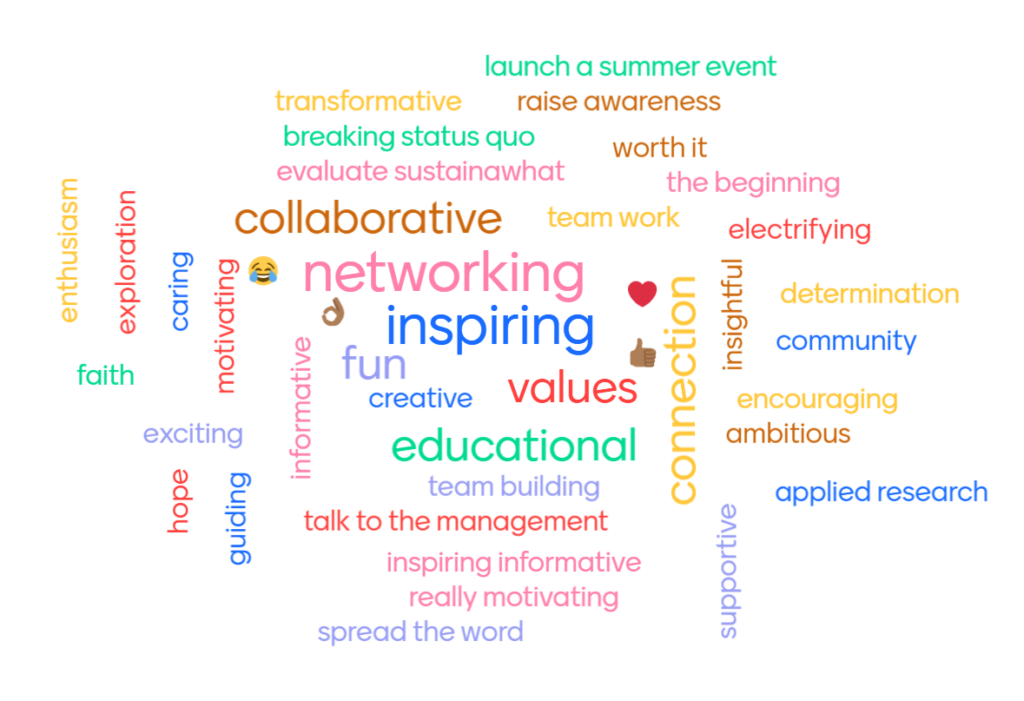This image is a word cloud showing words used by attendees to describe their experience of SustainaWhat? The most frequently used words are larger. Words include: collaborative, networking, inspiring educational, fun, creative, motivating, applied research. There are also emojis including a heart and a thumbs up.