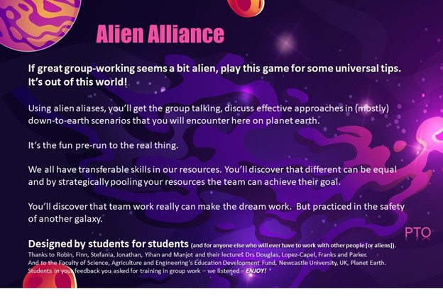 An image of an advert for the Alien Alience Groupwork board game