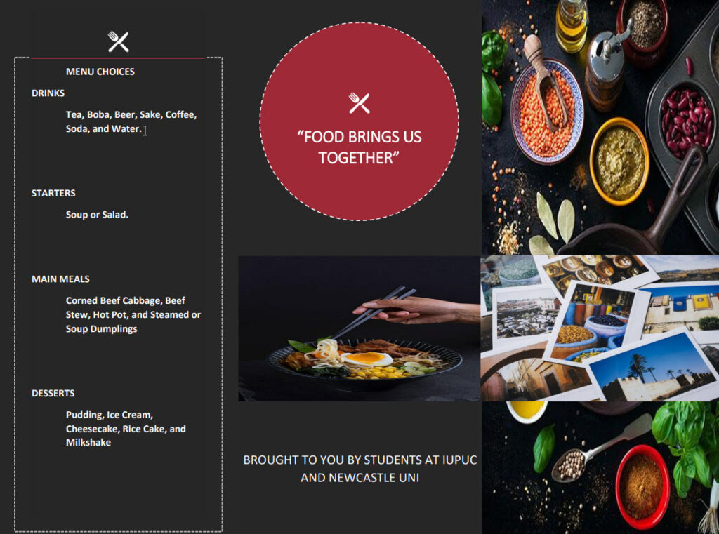 An image of a menu created by students entitled 'Food brings us together'. It shows images of a bowl of food, spices and other ingredients, and a menu choices section including drinks, starters, main meals and desserts.