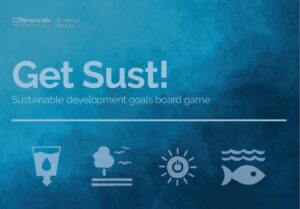 Image of the cover design for the Get Sust! Sustainable Development Goals Board Game. It has 4 logos, representing, water waste, the environment, energy and the oceans.