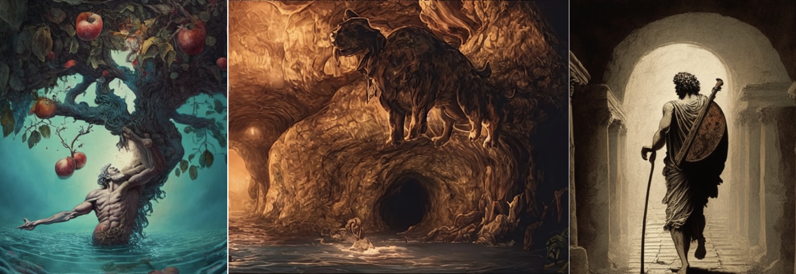 Three images representing figures from Greek Mythology created by students using AI. On the left, a representation of Tantalus, a male figure standing in a pool of water trying to reach an apple on a tree. In the middle a represntation of Cerebus, a beast with multiple arms and legs, standing guard on top of the entrance to a cave surrounded by water to represent the underworld. On the right, a representation of Orpheus, a male figuure carrying a lyre on his back, and walking through a dark tunnel with the aid of a stick, towards an archway opening into the light.
