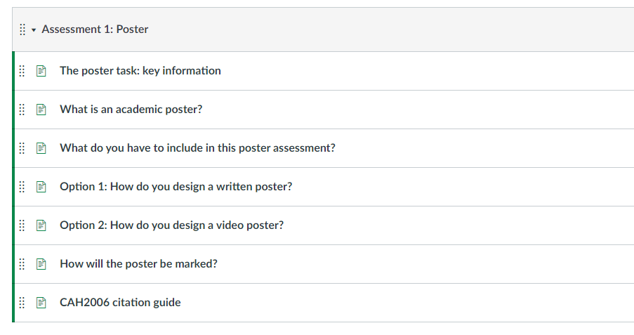 A screenshot of the guidance given for Assessment 1: Poster, including what an academic poster is, how to design one and how it would be marked.