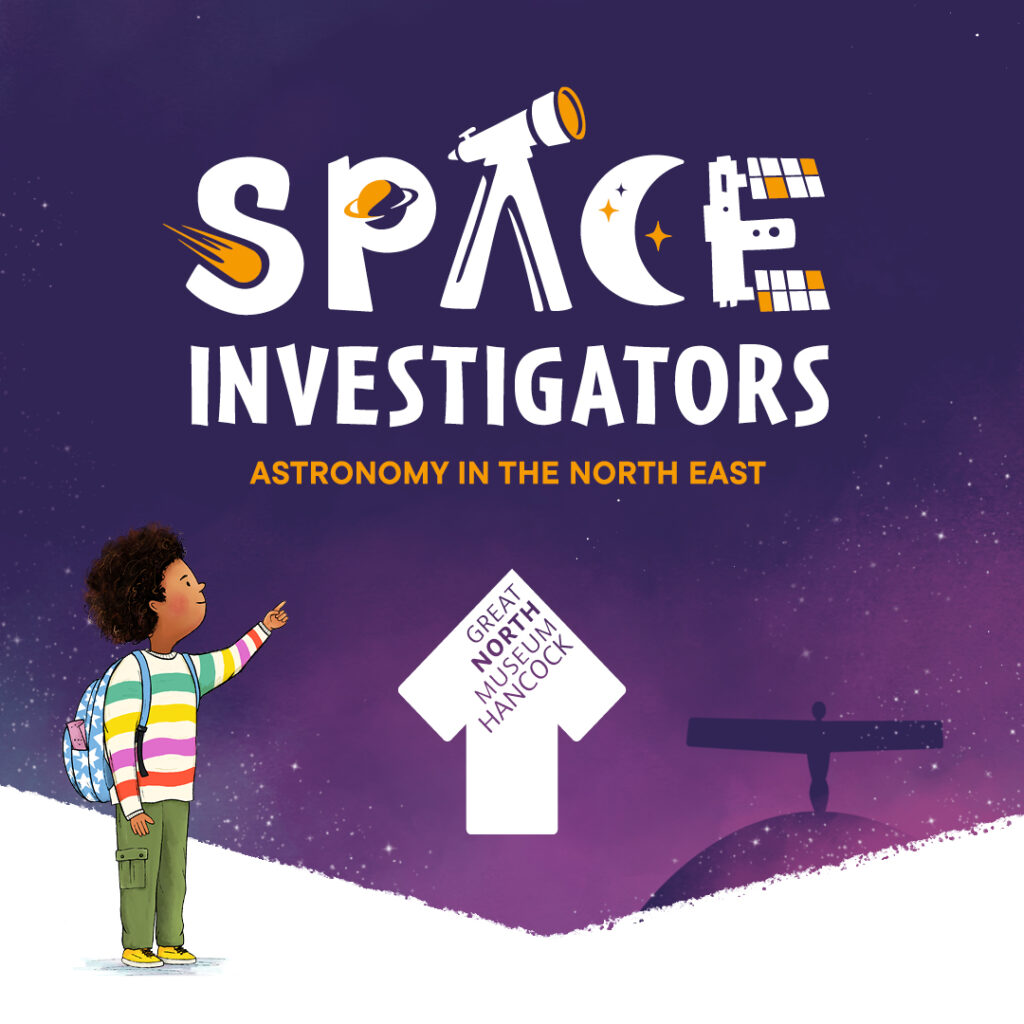 Image of the Space Investigators logo along with the logo for the Hancock Museum, featuring a cartoon image of a small boy pointing into space