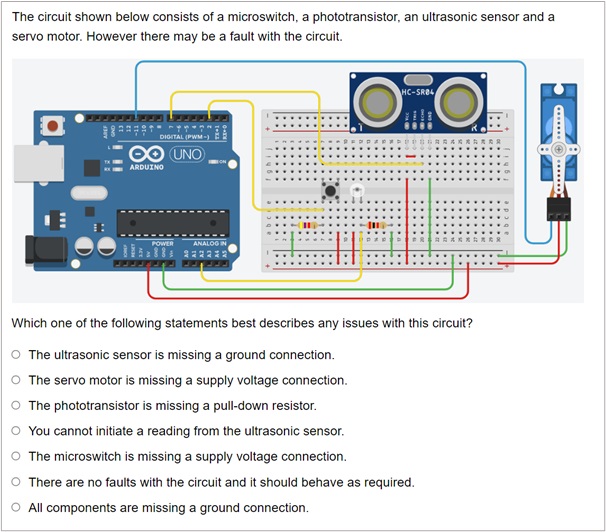 An image of a Numbas question, with a graphic of a circuit with multiple choice answers underneath for students to select what they think is wrong with the circuit