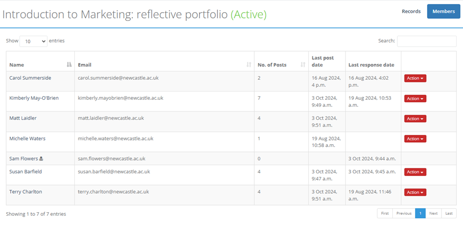 An image of the ePortfolio interface, showing a list of student names, email addresses, number of reflections posted, date of last post and last response date.