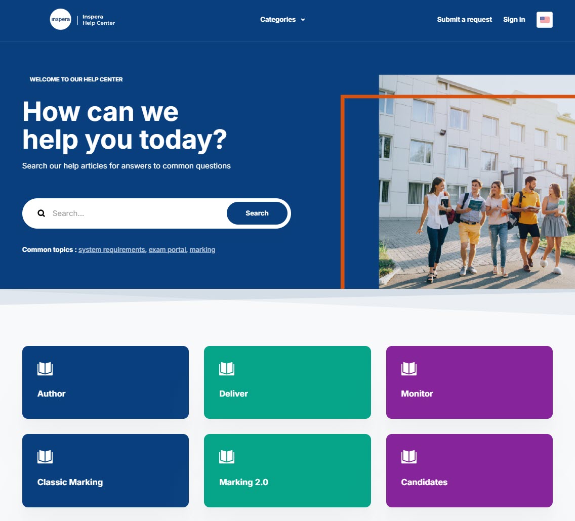 Front page of the Inspera Help Centre website, showing a search engine, plus category buttons including author, deliver monitor.