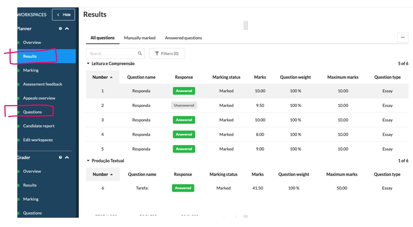 A screenshot of the Results feature selected from the Planner menu in Inspera, showing a table of a student's results. The table lists: question number, question name, whether the question was answered, marking status, marks awarded, question weight, maximum marks available and question type.