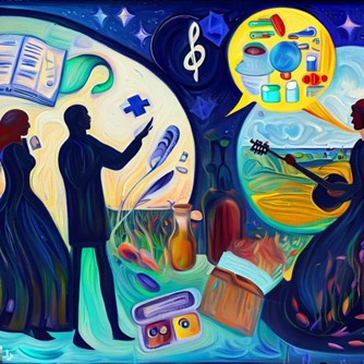 An image created by the students to represent the connection between musical therapy and pharmacy. It depicts a man and a woman having a conversation with another woman.. The image also has a variety of medical and musical symbols.