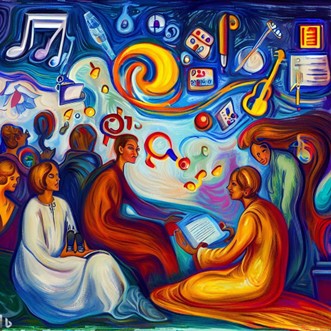 An image created by the students to represent the connection between musical therapy and pharmacy. It depicts a group of people listening to someone reading a book. The image also has a variety of medical and musical symbols.