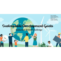 An image of the title image of one of the Newcastle University Team's Induction Period Challenge presentation. It shows a group of people holding planet Earth in their hands, while other people hold, a light bulb, a solar panel and someone kneeling down gardening. There are wind turbines in the background.