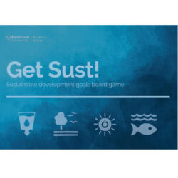 Image of the cover design for the Get Sust! Sustainable Development Goals Board Game. It has 4 logos from the UN's 17 Sustainable Development Goals: clean water and sanitation; life on land; affordable and clean energy and life below water.