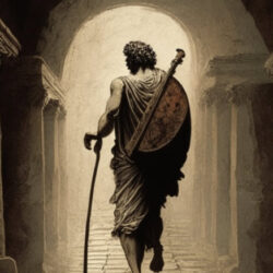 An image representing a figure from Greek Mythology created by students using AI. It shows Orpheus, a male figure carrying a lyre on his back, and walking through a dark tunnel with the aid of a stick, towards an archway opening into the light.