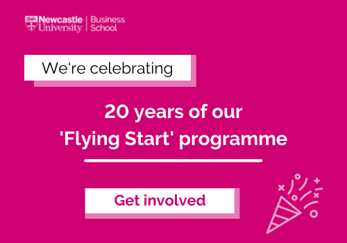 Graphic based image with NUBS logo and copy saying: 'We're celebrating 20 years of our Flying Start Programme, get involved'