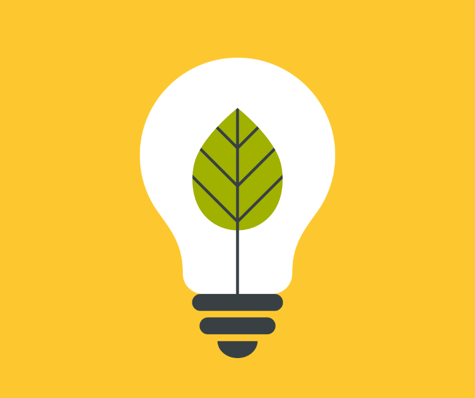 A graphic based image with a lightbulb with a leaf inside it to represent sustainability